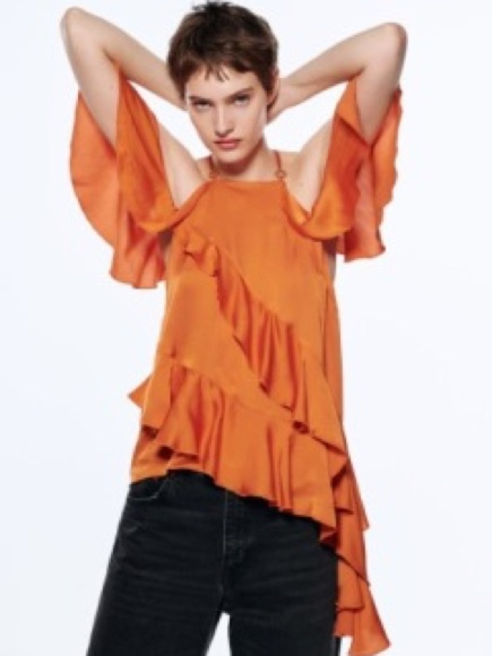 Zara Limited Edition Burnt Orange ruffle Open Back Asymmetrical Blouse, size M - Picture 2 of 15